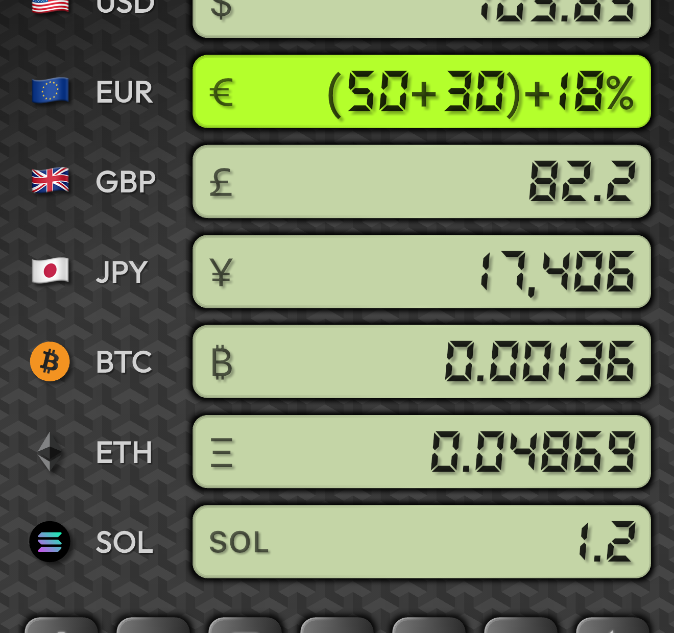 Active EUR row showing the expression (50+30)+18% with computed conversions in GBP, JPY, BTC, ETH, SOL below