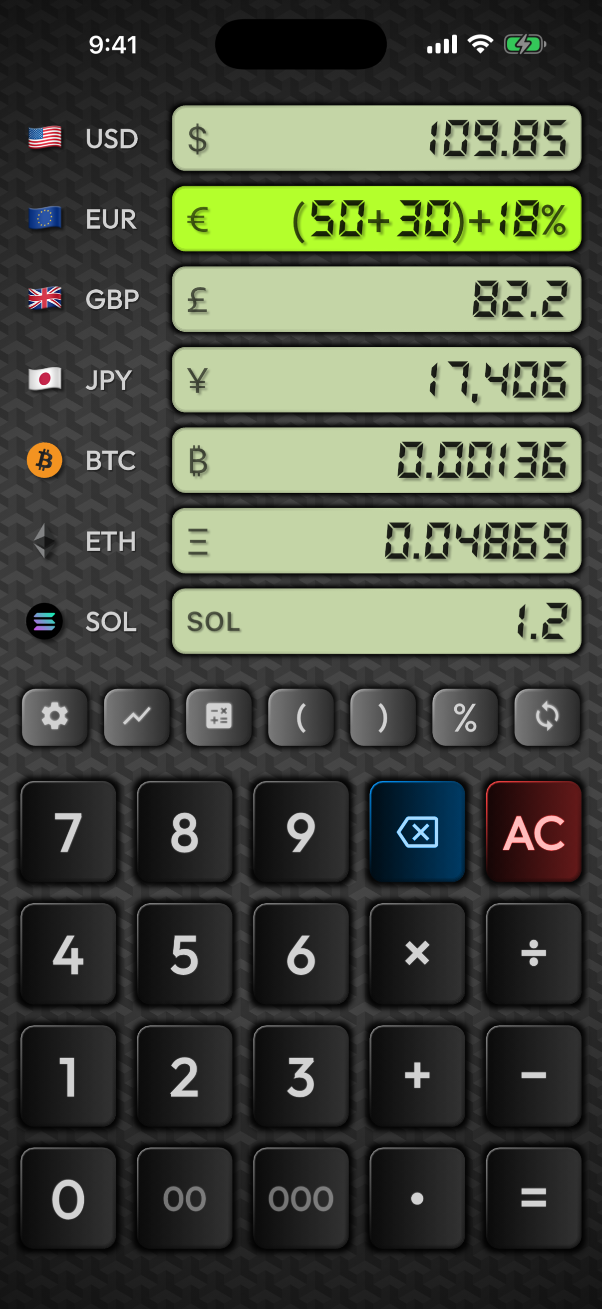 Multi-display screen with EUR active running the expression (50+30)+18% and six other currencies converting in real time, including BTC and ETH
