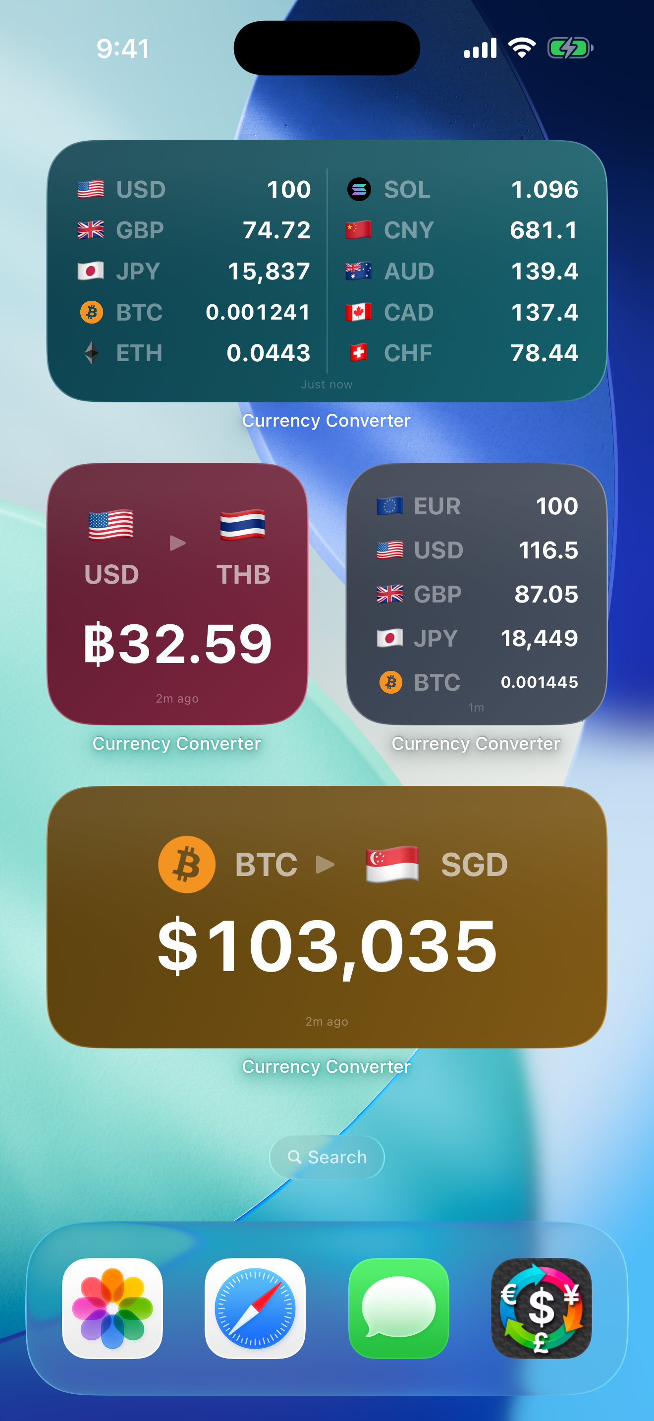 iOS home screen with four Currency Converter widgets pinned: a large rate-list, a small single-pair, a medium rate-list, and a large single-pair BTC to SGD