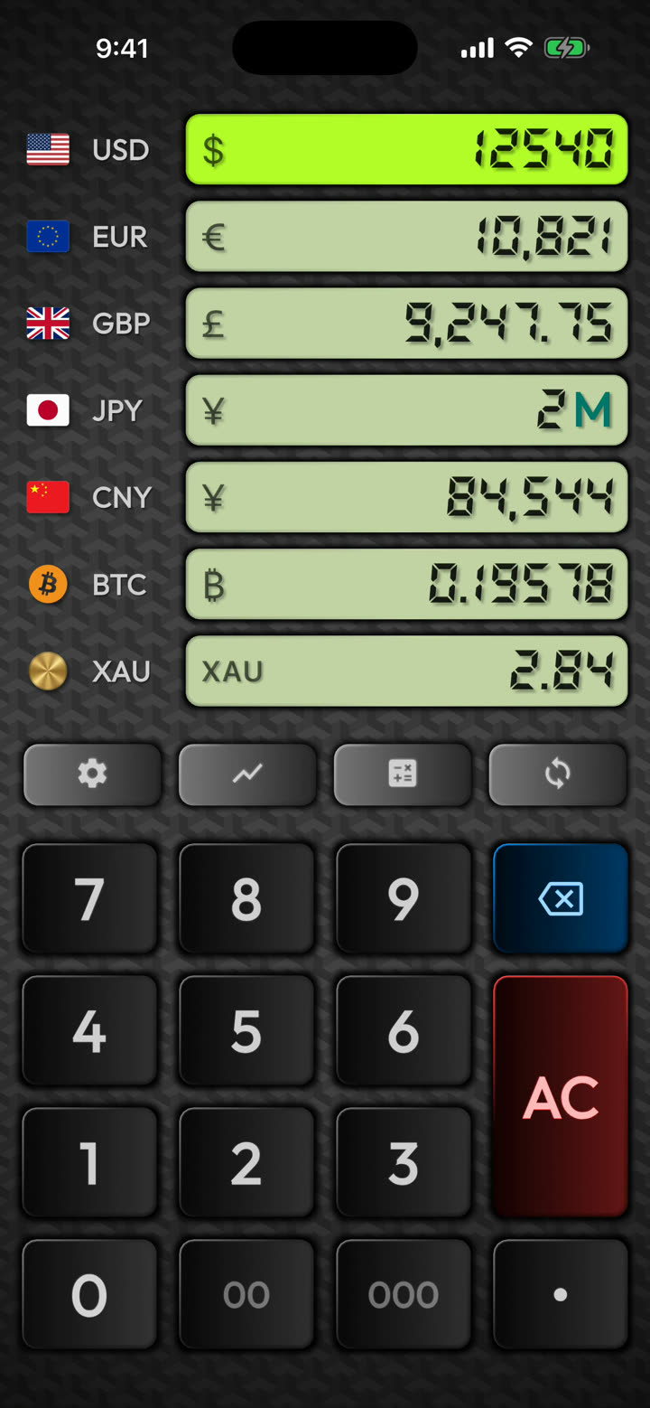 Screen recording of Multi Currency Converter: one amount typed on the keypad fills every currency row, the built-in calculator runs an expression inside a row, sparkline charts open, the currency picker scrolls, travel mode offers a local currency on arrival, and the theme picker recolours the app